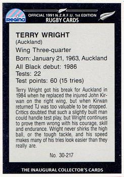 1991 Regina NZRFU 1st Edition #30 Terry Wright Back